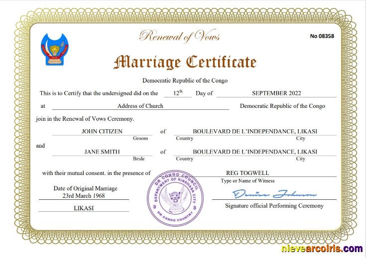 Democratic Republic of the Congo marriage certificate